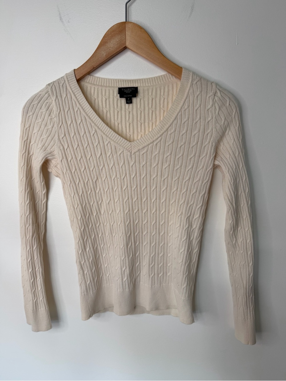Talbots Pima Cotton Ivory Cable Knit V Neck Sweater Women’s Size P Petite Preppy